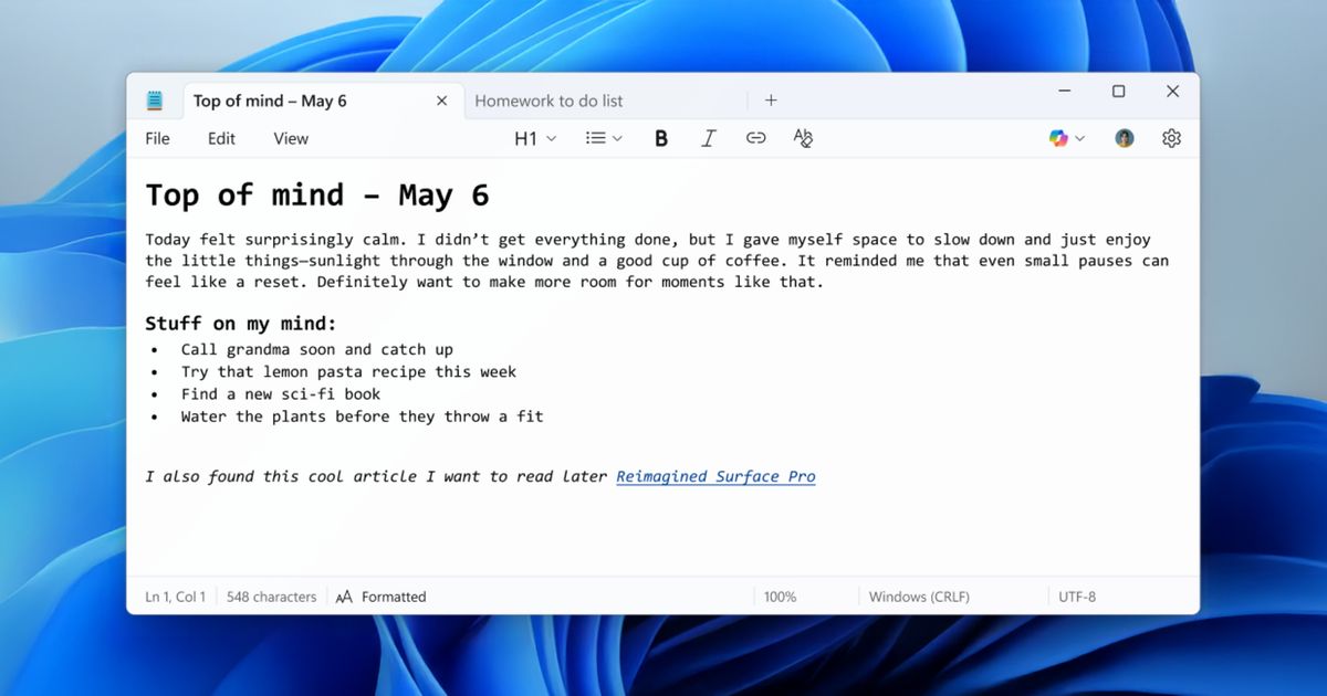 Notepad for Windows 11 adds text formatting, Markdown support, and new ...