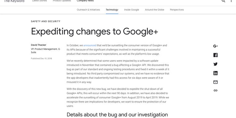 Google+ shutting down four months early following another data bug