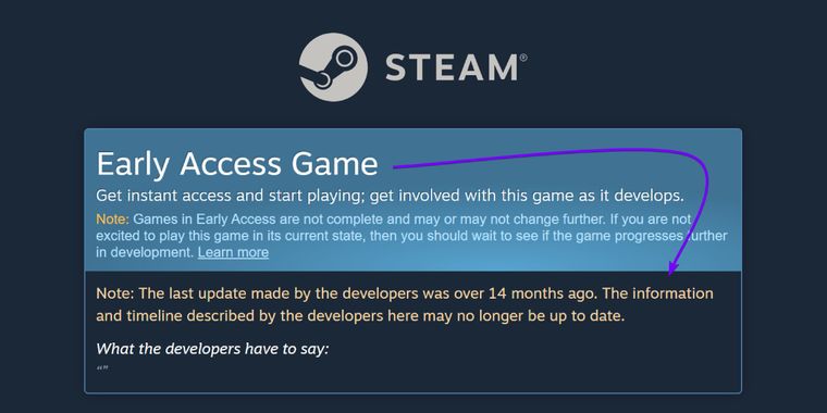 Steam now warns you about early access games that haven't been updated in over a year