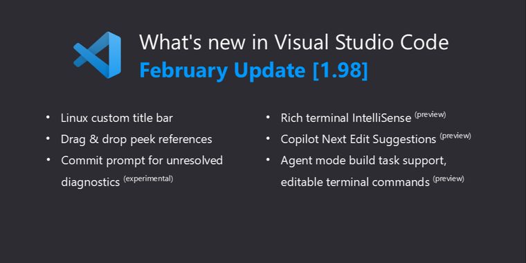 Visual Studio Code 1.98 brings GitHub Copilot enhancements, Linux custom title bar, & more