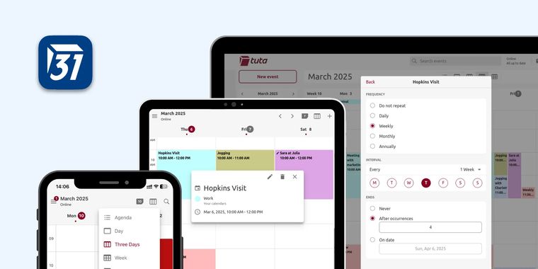 Tuta Calendar introduces improved repeat rules, a three-day view, calendar names, and more