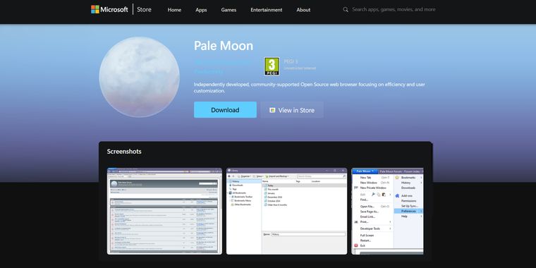Pale Moon browser now accessible via Microsoft Store