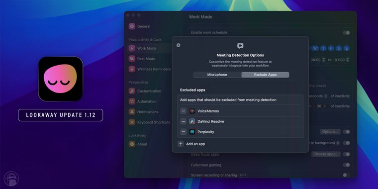 LookAway 1.12 adds app exclusions from meeting detection, smarter drag handling, and more