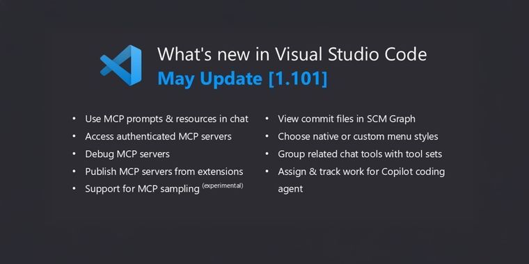 VS Code 1.101 adds MCP prompt and resource support, Tool Sets, and source control Graph