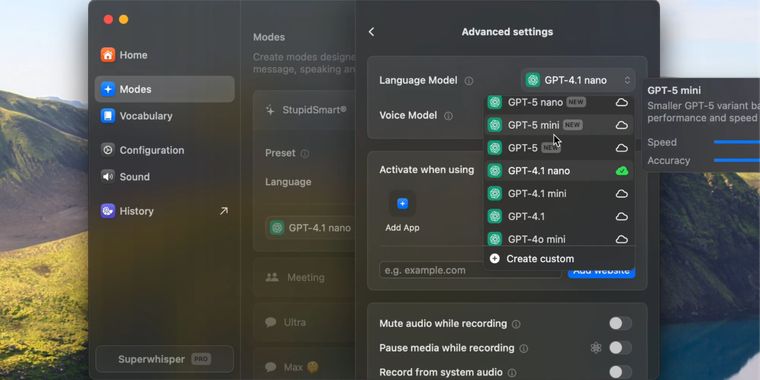 Superwhisper 2.2.2 now offers support for GPT-5, nano, and mini models