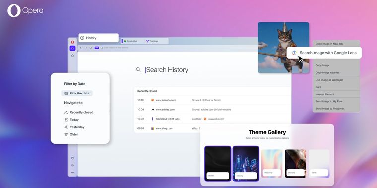 Opera brings redesigned history, Google Lens image search, video ad skip & two new themes