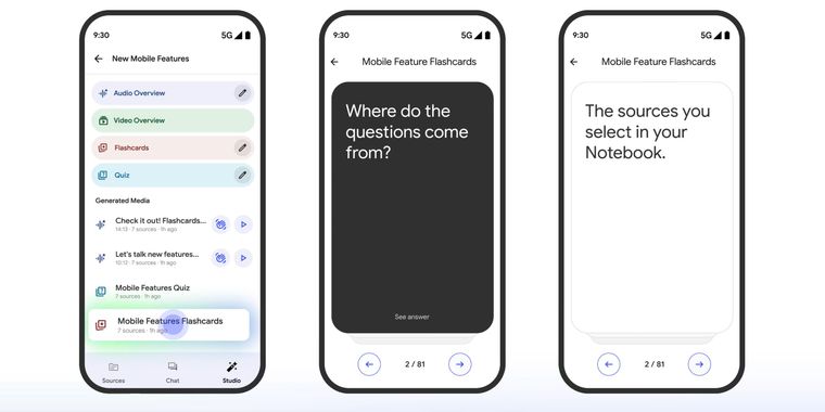 NotebookLM mobile app launches flashcards and quizzes tools