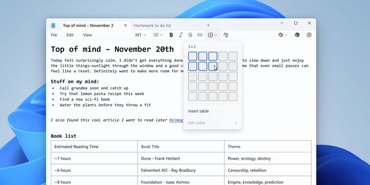Microsoft recently updated Notepad with table support and more responsive AI features