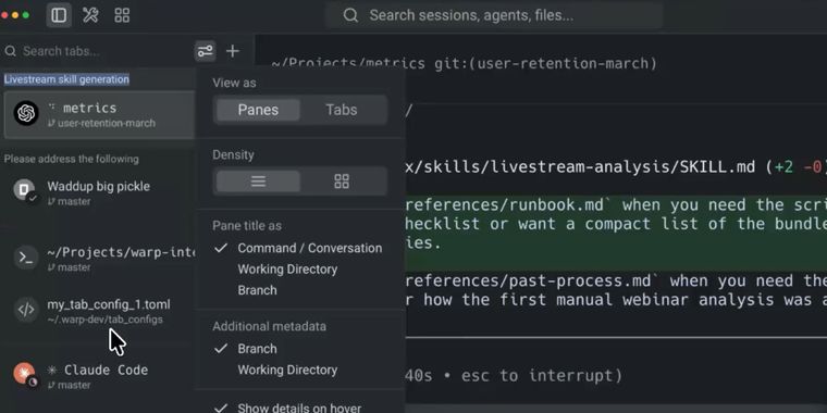 Warp adds vertical tabs with status indicators and customization options