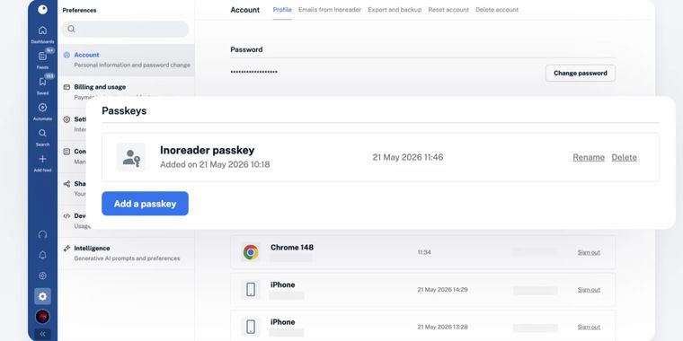 Inoreader adds passkey support for passwordless sign-in on web