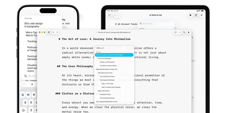 iA Writer 8 merges search and outline with new Liquid Glass design