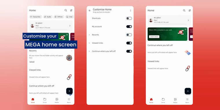 MEGA app users can now personalise their dashboard layout