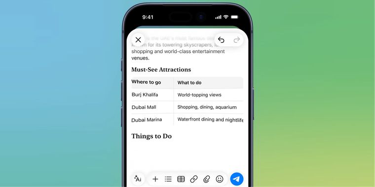 Telegram adds rich text editor with tables, AI content, and more