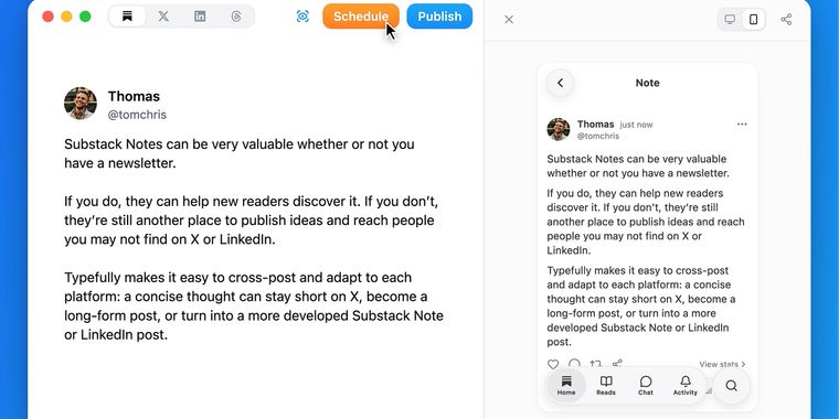 Typefully now supports scheduling Substack notes with social posts for free