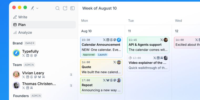 Typefully updates calendar with unified team view and planned posts