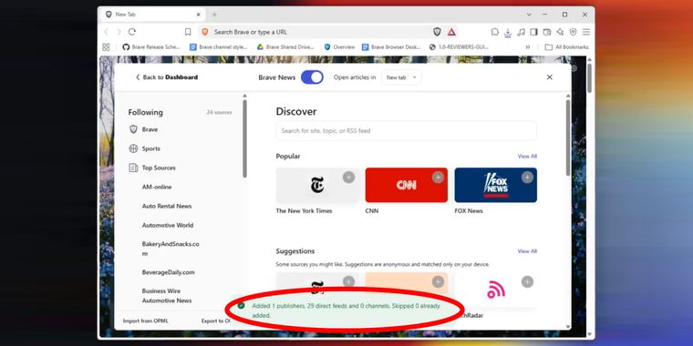 Brave News now lets desktop users import OPML feeds