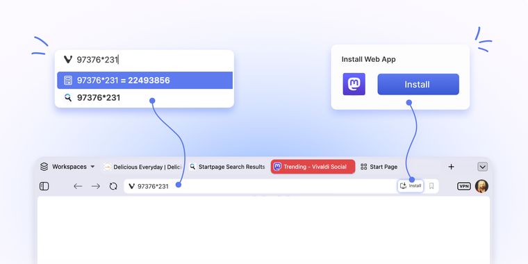 Vivaldi 8.2 brings address bar calculator and easier PWA installation to its web browser
