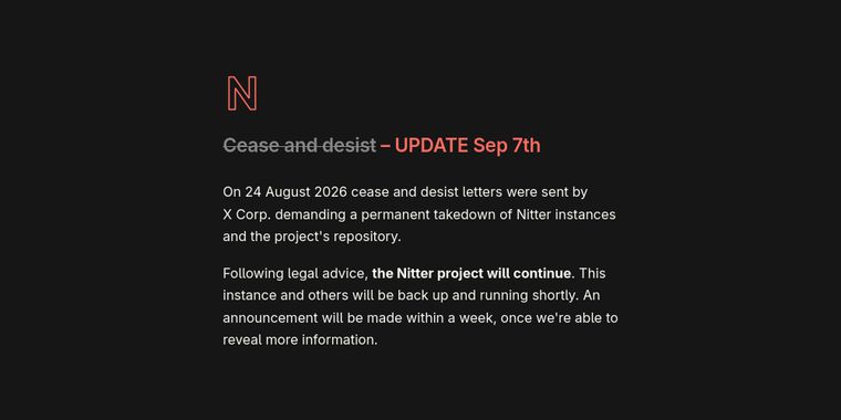 Open-source X front-ends Nitter & XCancel resume service after seeking legal advice