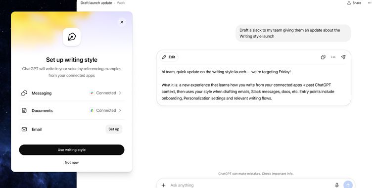 ChatGPT Work learns writing style from connected work apps