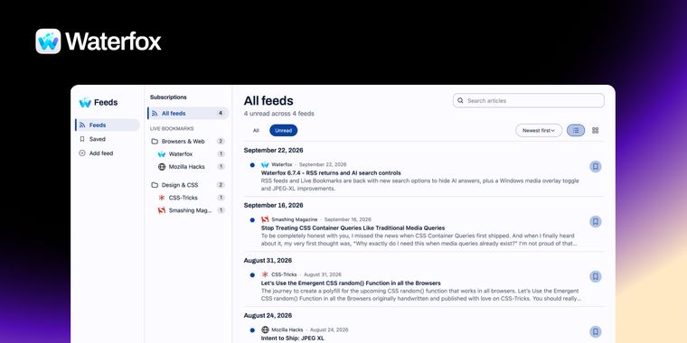 Waterfox launches version 6.7.5 with native RSS feed manager and built-in reader