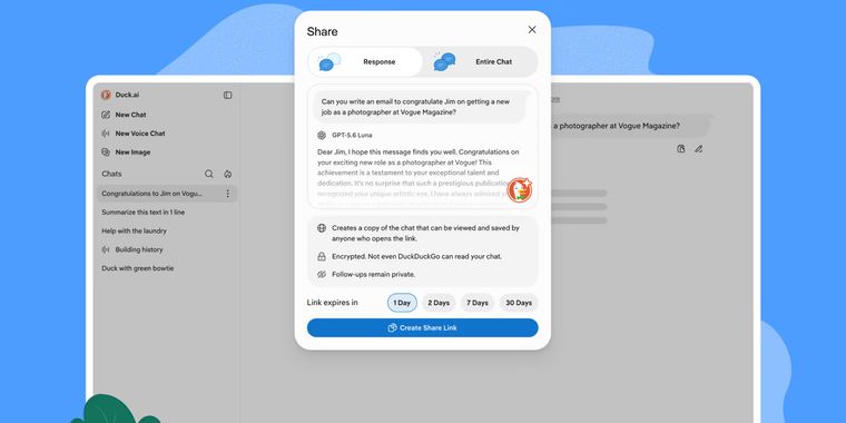 Duck.ai lets users share chats with expiring private links