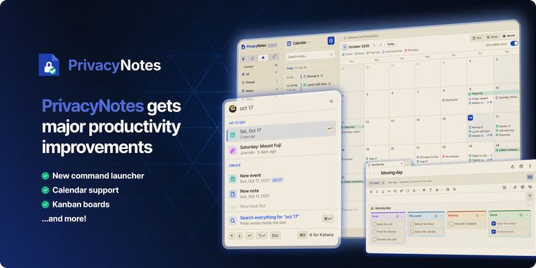 PrivacyNotes adds Ninja quick-add, calendar, Kanban boards, and wellness tracking