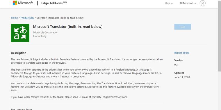 Microsoft Edge now includes a Translator, old extension cannot be installed