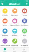 The homescreen enables users to search by store category from their current location with a single tap of the screen. Multiple category options are provided, including an all nearby function.