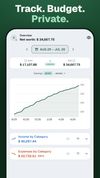 Overview: net worth across all accounts for the selected period, with opening and closing balance, savings rate, a net worth trend line, and income and expenses grouped by category.