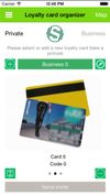 The loyalty card organizer displays one card. Push the card to zoom to fullscreen modus, swipe left and right to scroll through your other loyalty cards or choose them from the green bar menu.