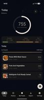 Main page, showing todays total macros, meals, macros per meal and calorie target. Does not shame or guilt once goal is reached or exceeded.