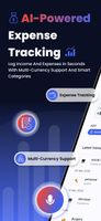 Transaction list with income and expenses in multiple currencies, grouped by date with category icons. The floating microphone button logs an entry by voice.