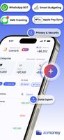 Home dashboard with the account balance, category cards for the selected month and period filters. Transactions can also arrive from the WhatsApp bot, bank SMS or Apple Pay.