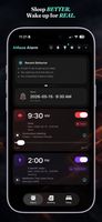 Main alarm screen with sleep insights, upcoming alarms, challenge difficulty, sleep sound selection, and quick access to the daily briefing.