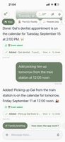 Myla adds calendar events from plain language — "picking him up tomorrow at noon" becomes an event for Gal, with one-tap Undo.