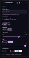 Settings: output device, pitch engine, language, and fully customizable themes.