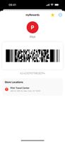 The barcode opens full screen at maximum brightness so the scanner reads it first time. Works with no signal.