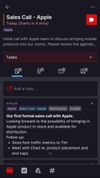 An event page displaying associated notes, attachments, emails, and contacts.
