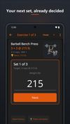 The active workout screen. Your next set is already decided: the weight, the reps, and how many sets are left.