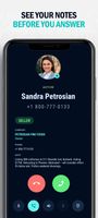 Incoming call screen with call notes, company, email and Google Contacts tags.
