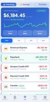 CashFlowCast light theme — checking balance of $6,184 marked ON TRACK with 3-month projection of $3,822. Clean bill list shows upcoming American Express, Paycheck, Amazon Credit with running balance after each.