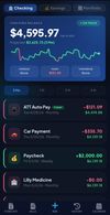 CashFlowCast dark theme — checking balance of $4,595 with 3-month projection of $3,625. Green and red sparkline shows future balance dips and recoveries. Bills due today highlighted in red.