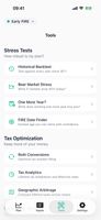 17 analysis tools organized by category: stress tests, tax optimization, income planning, and more
