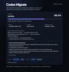 Codex Migrate transfer dashboard showing progress, connection route, scope, and staged data.