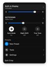 Crisp's menu bar panel: per-display resolution and brightness, Dark Mode / Night Shift / True Tone, presets, and tools