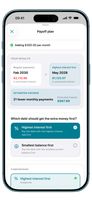 Payoff plan: snowball vs avalanche comparison with debt-free date and interest saved