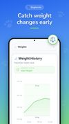 Weight tracking: Catch weight changes early. Log weights in seconds and see the trend against the ideal range for the breed, with alerts for overweight, underweight or unusual changes.