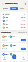 Balances: each member's position plus a simplified "who owes whom" list you can settle in one tap.