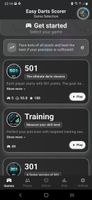Main menu with game type selection. Intuitive interface offering 301, 501, Cricket, and Training modes with clear navigation, beautiful design, and easy access to all game features and settings.