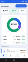 Bills dashboard with monthly total, collected, and outstanding balances, plus a spend breakdown by bill.